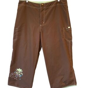 Women's Chocolate Brown Floral Print Capris Relaxed Fit L